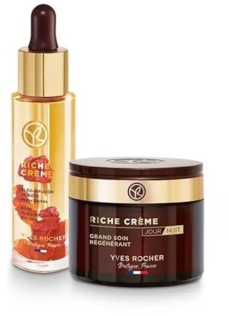 Yves Rocher RICHE CRÈME Set – Intensivpflege Tag & Nacht 75ml + Gesichtsöl 30ml – Mit 1000 Rosen Öl & 30 Kostbaren Ölen – Regenerierende Anti-Aging Gesichtspflege