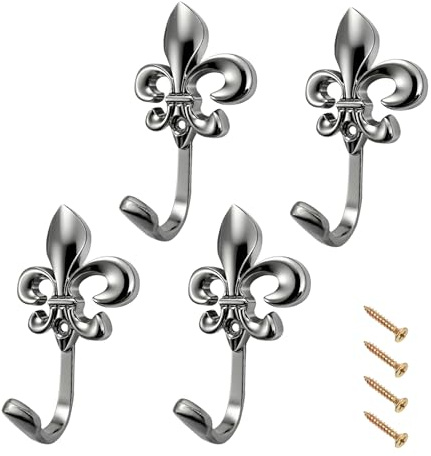 Qaixwuyi Silber Wandhaken Vintage Metall Fleur-de-Lis Design Vorhang Raffhalter mit Schrauben Dekorative Garderobenhaken für Wohnzimmer Bad Schrank