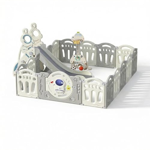 Aveainelle Box Bambini Pieghevole, Recinto per Bambini e Neonato con Materassino, Centro Attività Cortile Giochi di Sicurezza Casa per Interni ed Esterni, con Scivolo e Canestro da Basket