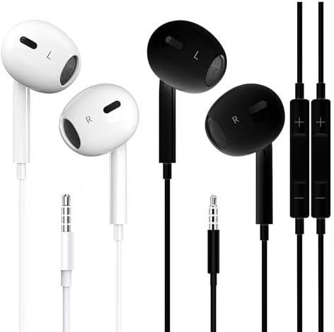 DAIKAJIE 2 Pack Wired Earbuds 3.5mm,Ultra Clear Calls & No Noise Headphones Earbuds Wired, in-Ear Earphones with Mic Compatible with iPhone/iPad/Android/Laptop/PC (White&Black)