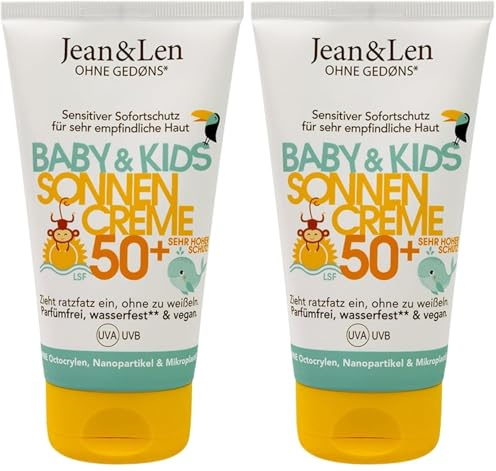 Jean & Len Sensitiv Sonnencreme Baby & Kids 50+ LSF, parfümfrei, wasserfest, für empfindliche Kinderhaut ab 6 Monaten, ohne Mikroplastik, Octocrylen, Duftstoffe, vegan, Kindersonnencreme, 150ml