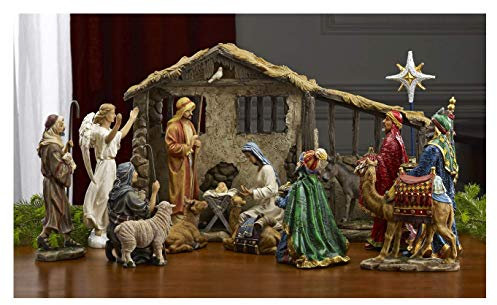 THREE KINGS GIFTS THE ORIGINAL GIFTS OF CHRISTMAS 17,8 cm Zahlen Real Life Krippe komplett Set - Beinhaltet alle Menschen, Erleuchtet Krippe, Kommode Gold, Weihrauch & Myrrhe