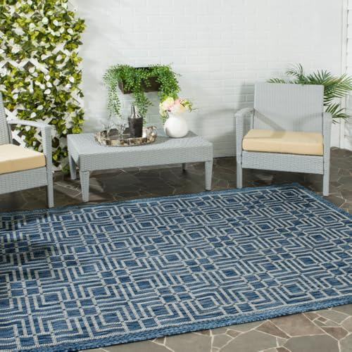 SAFAVIEH Washable Rug Outdoor Courtyard Collection - 4' x 5'7, Navy & Grey, Non-Shedding & Easy Cleaning, Ideal for Patio, Backyard, Mudroom (CY8467-36821)