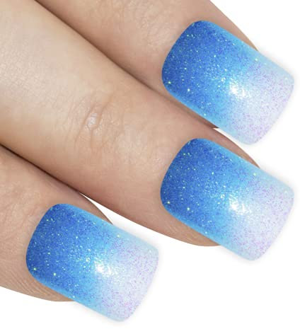 Falsche Nägel Bling Art Blau Gel Ombre Französisch Squoval 24 Gefälschte Mittel Tipps