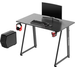 ULTRADESK Enter V2 | Computertisch Gaming-Schreibtisch Tisch mit verstellbaren, rutschfesten Füßen, Stromkabel-Clip, Headset-Haken, Getränkehalter | Stahlrahmen mit Verstärkungen, Schwarz 100x60 cm