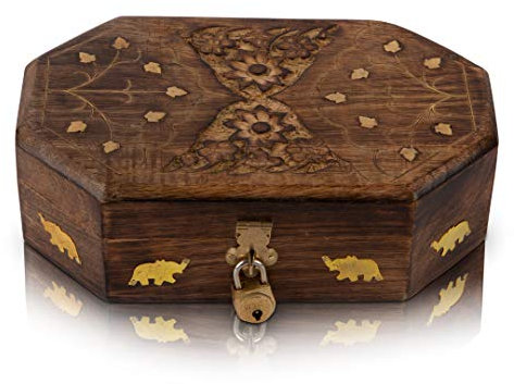 Boîte à bijoux décorative faite à la main en bois avec serrure gratuite et porte-clés organisateur de bijoux à souvenir, coffre au trésor, boîte à bijoux avec cadenas pour montre 20,32 x 12,7 cm