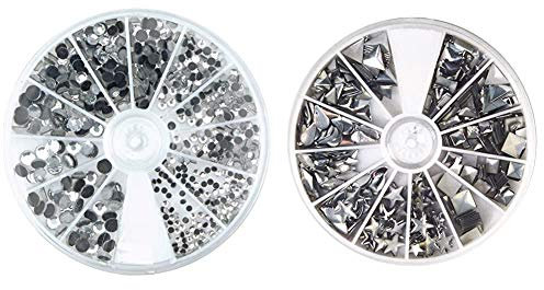 Rayher 15130801 Hotfix Strasssteine aus Glas, 2-5 mm ø gemischt & 38643606 Hotfix Metall-Nieten, silber, 2,5-10 mm, Formenmix, 12 Formen, selbstklebende Bügelnieten in runder Sortierbox mit Fächern