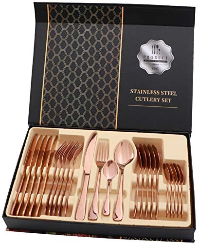 24 Pezzi Set di Posate Posati Argenteria, Includere Coltello, Forchetta, Cucchiai da minestra, Cucchiaini da caffè,Oro Rosa