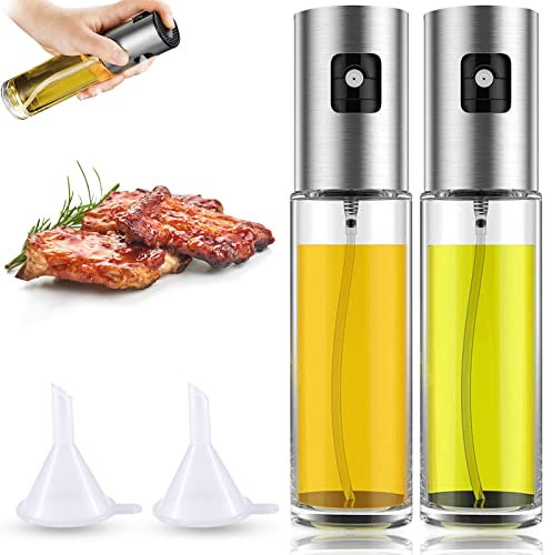 Oil Sprayer Dispenser, 100ml Oil Dispenser 2Pcs Stainless Steel & Transparent Glass Bottle Vinegar Sprayer for Kitchen, Cooking, Salad, Bread Baking, BBQ