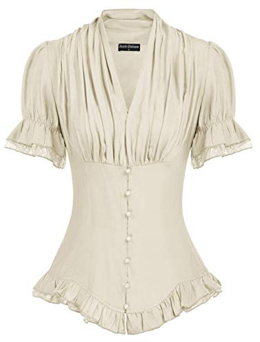 SCARLET DARKNESS Women's Shirt Tops Gothic Short Puff Sleeve V-Neck Slim Fit with Lace Vintage Victorian Blouse