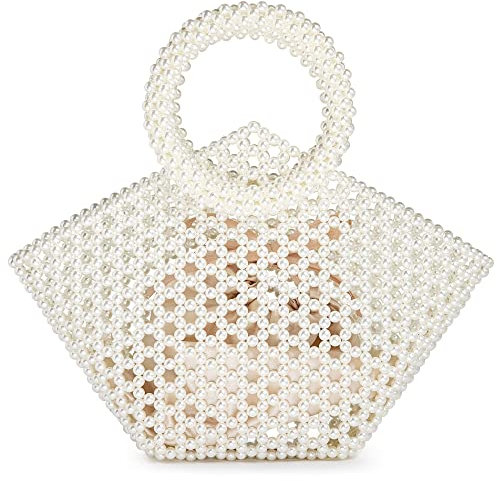 Grandxii Pearl Clutch-Geldbörsen für Damen, handgefertigt, Tragetaschen, Abendpartytasche, Eimertasche mit Perle, weiß-b