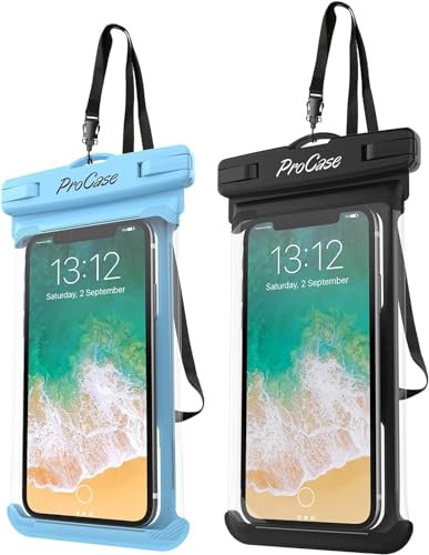 ProCase 2 Pack Waterproof Phone Pouch Underwater Case Dry Bag for iPhone 15 14 Plus Pro Max iPhone 13 12 11 Xs Max XR X 8 7 6S Plus, Galaxy S23 S22 S22+ S21 FE, Up to 7.0 inch -Blue/Black