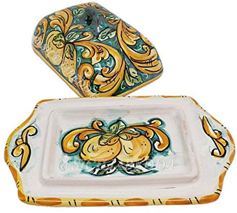 sicilia bedda - PORTABURRO in Ceramica di Caltagirone Decorazione Maioliche - Burriera Rettangolare Realizzata Interamente a Mano