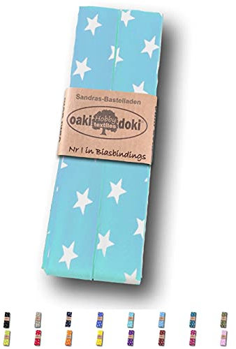 Sandras-Bastelladen Schrägband/Einfassband Baumwolle gefalzt 3m x 20mm - Sternen Muster 2005-Türkis-Weiß