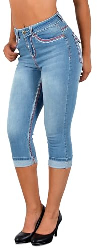 ESRA Damen Capri Hose Damen High Waist Caprihose Kurze Jeans Hose hoher Bund bis Übergröße C21