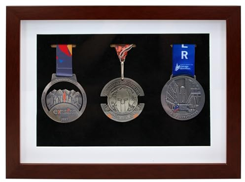 3 medaglie vetrina, medaglie, medaglie, medaglie, cornice 3D per corridori, maratona, calcio, ginnastica e tutti gli sport, medaglie militari spille premio badge (marrone noce, A4)