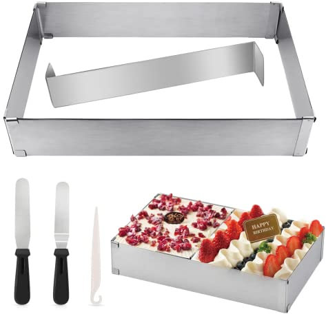 Punvot Backrahmen Rechteckig Verstellbar, Kuchenform Eckig Tortenring, Backform Eckig Verstellbare, mit Winkelpalette, Backring Eckig Form Backrahmen für Kuchen Torten Pizza Backen und Dekorieren