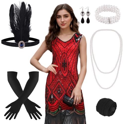 PLULON 1920er Jahre Fransen Pailletten Flapper Kleid mit 20er Jahre Accessoires Set (Rot)