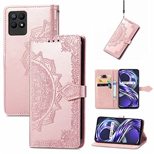 Fertuo Hülle für Realme 8i, Handyhülle Leder Flip Case Tasche mit Kartenfach, Magnet und Standfunktion [Mandala Muster] Handy Schutzhülle Ledertasche für Realme 8i, Rosegold