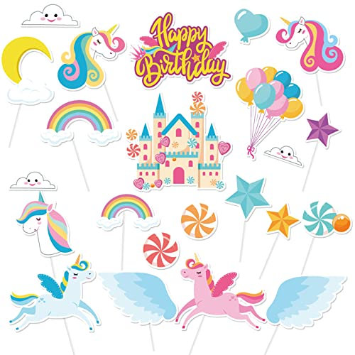 DPKOW 23pcs Einhorn Tortendeko für Kinder Mädchen Geburtstag, Cake Topper, Regenbogen Cupcake Topper für Fondant Muffins Deko Tischdeko