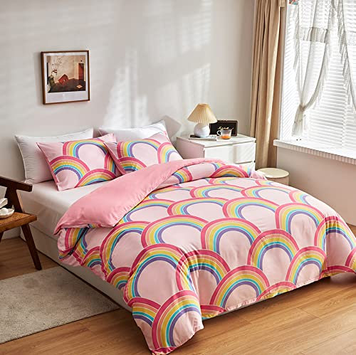 GETIYA Rosa Regenbogen Bettwäsche 135x200 Damen Bettwäsche Teenager Mädchen Weich Mikrofaser Bettwäsche Zweiteilig Leuchtend im Dunkeln Regenbogen Bettbezug Wendebettwäsche mit Kissenbezug 80x80