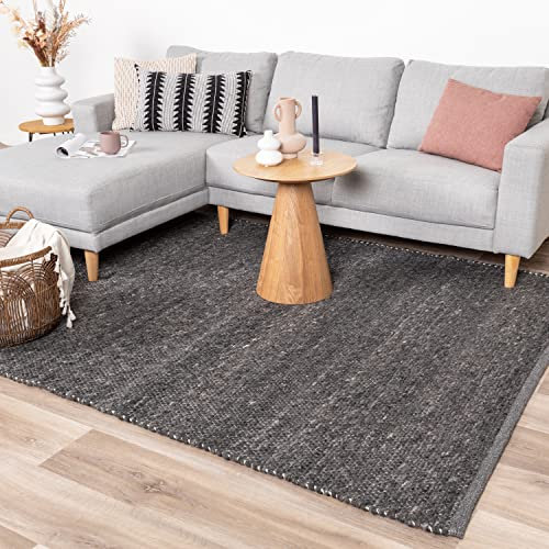 FRAAI | Home & Living Wollteppich - Feline Anthrazit Wolle - Flachgewebe - Einfarbig - Modern, Skandinavisch - Wohnzimmer, Esszimmer, Schlafzimmer - Carpet