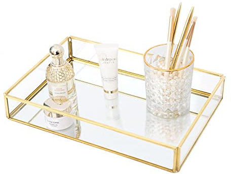 Hapivida Spiegeltablett Gold, Vintage Glastablett Verspiegelt Kosmetiktablett Metall Dekotablett Rechteckig, Kerzentablett Kosmetik Aufbewahrung Tablett für Parfüm, Duft, Schmuck (30×20×5,5 cm)