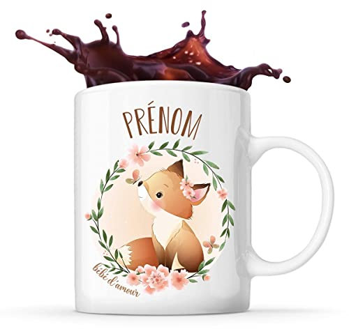 Planetee Tasse prénom personnalisable mignon avec renard| Mug Cadeau de naissance personnalisé garçon ou fille pour anniversaire