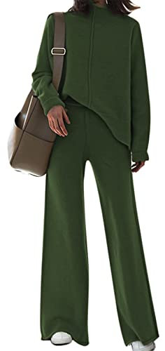 Viottiset Damen Gestrickte Outfits Stehkragen Pullover Weites Bein Hosen Zweiteilig Set Sweatsuit Loungewear Dunkelgrün S