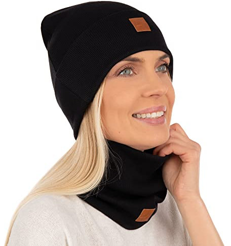 Mikos* Damen Set Mütze & Loop Baumwolle Long Beanie Hut mit Schal-Loop Herbst Winter Tolles Warm, Stretchy Elastischer, Wintermütze Junge-n Mädchen Streetwear 703 (Schwarz)