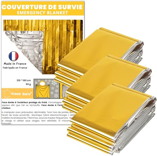 Frana surv 3 couvertures de Survie Classique Made in France, Isothermique Or et Argent, Grande Taille, Randonnée, Survie, Premiers Secours, Trail, Camping, Contre la Chaleur et Le Froid, 210×160cm.