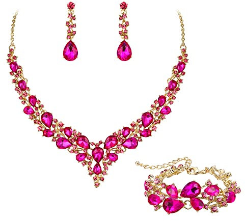 EVER FAITH Statement Halskette Ohrringe und Armband Set für Damen österreichische Kristall Tropfen Cluster Schmuckset Hot Pink Silber-Ton