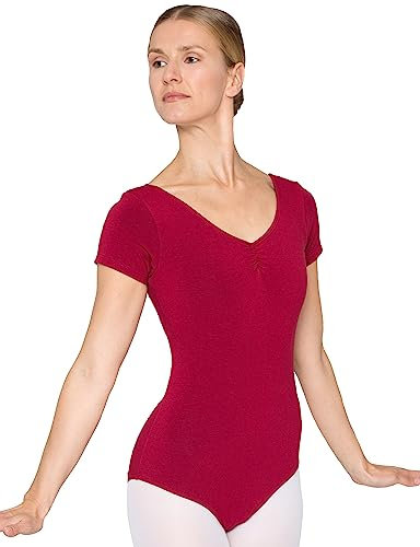 tanzmuster Ballett Trikot Damen Kurzarm - Fenja - Baumwolle - Bustier - geraffter Ausschnitt - burgunder 36 - Tanz Body - Ballettkleidung für Erwachsene