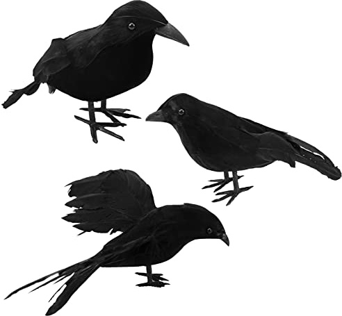 3 Stück Halloween Krähen Künstliche Gefiederte Krähen Realistische Raben Vögel Dekorationen Gespenstische Schwarze Feder Krähe Vogel für Halloween Party Requisiten Innen Außen Haus Garten Dekoration