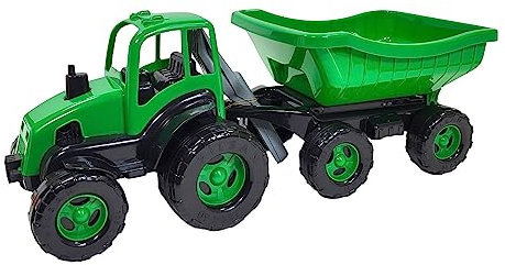 BUSDUGA 4338 Kindertraktor grün 70cm, Traktor mit Anhänger inkl. Kippmechanismus, Schaufel und Rechen Sandspielzeug Garten Outdoor Sandkasten