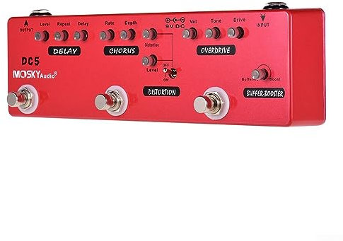 Pedal de efectos de guitarra, pedal de efectos múltiples para guitarra, 6 en 1, retardo, distorsión de coro, potenciador de sobremarcha, con refuerzo y amortiguador de sobreconducción