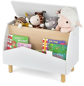 SOARS 2 in 1 Kinder Bücherregal & Spielzeugregal, Spielzeugkiste mit Deckel & offener Ablage, Kinderregal mit Massivholzbeine, Regal kinderzimmer, Spielzeug-Organizer, 60 x 30 x 44cm (Weiß)