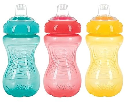 Nuby 3 Pack No Spill Toddler Sippy Cups - Toddler Cups Spill Proof with Easy and Firm Grip - BPA Free Toddlers Cups - Aqua, Coral, Yellow
