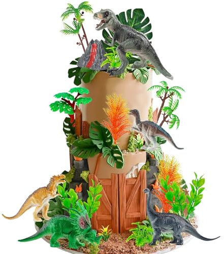 Lot de 32 décorations de gâteau en forme de dinosaure avec œufs, feuilles, arbres - Décorations de gâteaux pour fête d'anniversaire sur le thème des dinosaures, fête d'animaux sauvages, décorations de