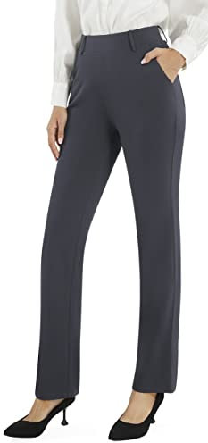 AFITNE Straight Leg Work Trousers for Women UK - Ladies Business Office Casual Bootcut Flared Yoga Pants Pull On Womens Smart Trousers with Pockets - 29 Inches Grey S