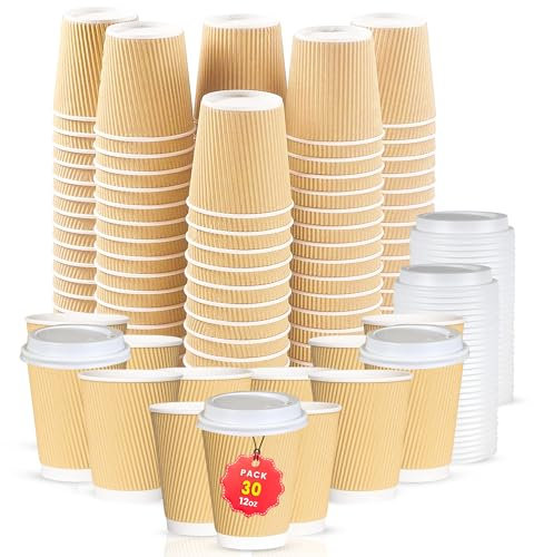 CHEF ROYALE 30x 12oz Disposable Kraft Ripple Paper Hot Coffee Cups with Lids - Paper Cups for Hot and Cold Drinks - Insulated Takeaway Coffee Cups for Eco-Friendly Hot Cups Birthday Party (30, 12oz)