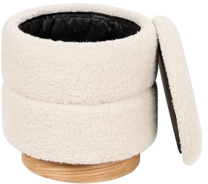 Beliani Pouf Hocker Webpelz weiß rund 35cm Teddyfell mit Stauraum Deckel 38cm hoch Ogden
