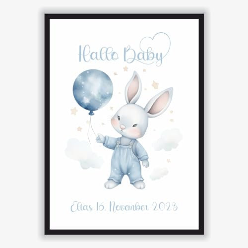 Hallo Baby Poster personalisiertes Geburtsbild Kinderzimmer Deko Geschenk zur Geburt Junge mit Name und Datum