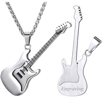 U7 Gitarre Musiker Kette Herren Edelstahl Plektron Halter Bass Anhänger Plektrum Halskette Pendant Necklace Mens Hip Hop E-Gitarre Silberkette Gitarrenanhänger Modeschmuck für Männer Jungen