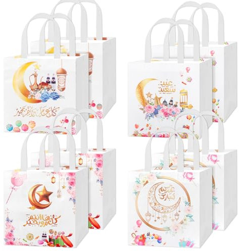 HOWAF 8 Ramadan Tüten zum Befüllen, Ramadan Geschenktüten Ramadan Kalender Tüten, Non-Woven Eid Mubarak Tüten für Islamische Muslimische Eid Mubarak Geschenke Ramadan Geschenke Kinder, Weiß