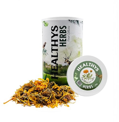 HEULAND® Healthys - Ringelblume mit Kelch 100g - hochwertiges Ergänzungsfutter für Kaninchen, Meerschweinchen, Hamster, Nager - artgerechtes Futter mit vielen Vitaminen & Nährstoffen. (Dose)
