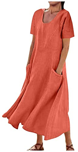 Robe longue d'été en coton et lin sans manches pour femme - Robe fluide et ample - Grande taille - Confortable - Avec poches, #028 Orange, Taille L