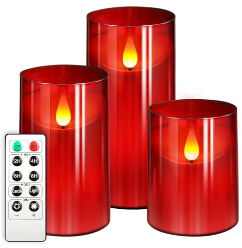 IMAGE LED Kerzen mit Fernbedienung Timer flackernde flammenlose Kerzen batteriebetrieben, Acryl Shell LED kerzen für Haus Tafel Party Hochzeit Weihnachten Dekoration, 3 Pack (D 3„×H 4“ 5„ 6“), Rot