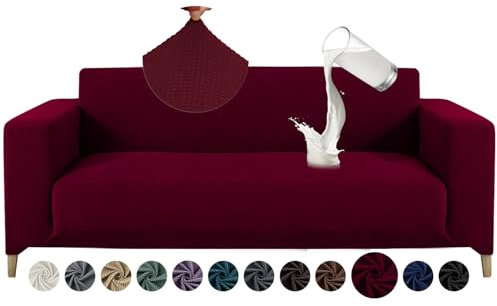 Alishomtll Sofa Überzug 3 Sitzer Stretch Sofabezug Universal Wasserabweisend Couch Überzug Sofaüberwürfe Elastische Jacquard Couchbezug rutschfest Sofaschoner für Hunde Katzen (185-230cm, Bordeaux)