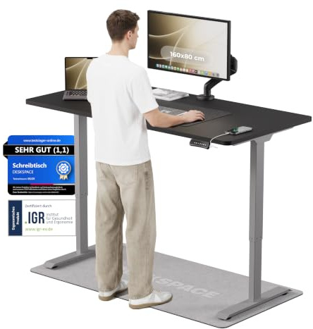 DESKSPACE PRO Elektrisch höhenverstellbarer Schreibtisch (160x80 cm) | Bürotisch mit Kollisionsschutz, Memory-Funktion, USB-Anschluss, 10 Jahre Garantie (Gestell grau, Tischplatte schwarz)